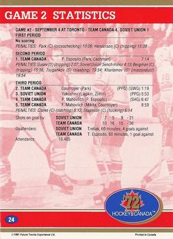 1991-92 Future Trends Canada ’72 #24 Unforgettable / Game 2 Statistics Back