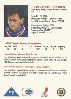 1993-94 High Liner Greatest Goalies #5 John Vanbiesbrouck Back