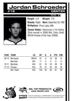 2012-13 Choice AHL Top Prospects #16 Jordan Schroeder Back