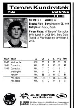 2012-13 Choice AHL Top Prospects #23 Tomas Kundratek Back