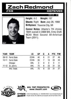 2012-13 Choice AHL Top Prospects #59 Zach Redmond Back
