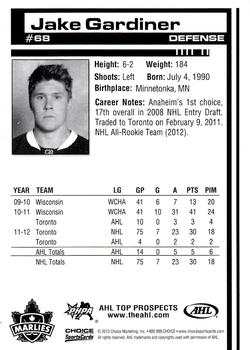 2012-13 Choice AHL Top Prospects #68 Jake Gardiner Back