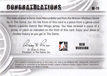 2012-13 In The Game Motown Madness - Game Used Jersey Red #M-11 Martin Lapointe Back