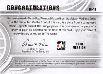 2012-13 In The Game Motown Madness - Game Used Jersey Gold #M-11 Martin Lapointe Back