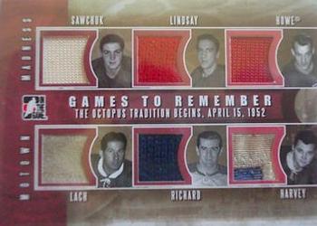 2012-13 In The Game Motown Madness - Games To Remember Jerseys #GTR-05 Terry Sawchuk / Ted Lindsay / Gordie Howe / Elmer Lach / Maurice Richard / Doug Harvey Front