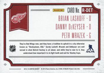 2012-13 Panini Limited - Rookie Redemption #R-DET Brian Lashoff / Danny DeKeyser / Petr Mrazek Back