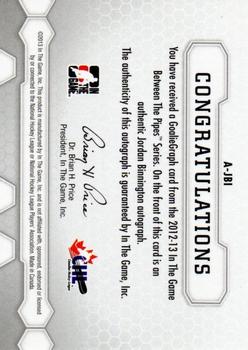 2012-13 In The Game Between The Pipes - Authentic Goaliegraphs #A-JBI Jordan Binnington Back