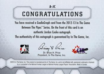 2012-13 In The Game Between The Pipes - Authentic Goaliegraphs #A-JC Jordon Cooke Back