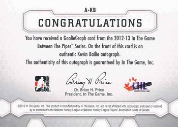 2012-13 In The Game Between The Pipes - Authentic Goaliegraphs #A-KB Kevin Bailie Back
