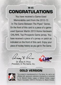 2012-13 In The Game Between The Pipes - Jerseys Gold #M-45 Spencer Martin Back