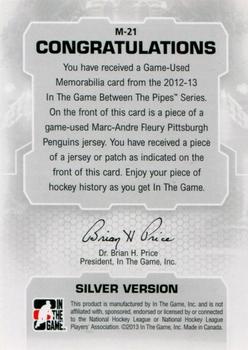 2012-13 In The Game Between The Pipes - Jerseys Patch Silver #M-21 Marc-Andre Fleury Back
