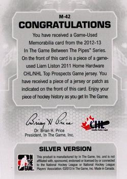2012-13 In The Game Between The Pipes - Jerseys Patch Silver #M-42 Liam Liston Back