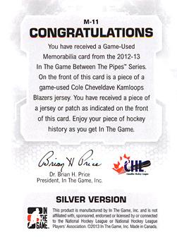 2012-13 In The Game Between The Pipes - Jerseys Silver #M-11 Cole Cheveldave Back