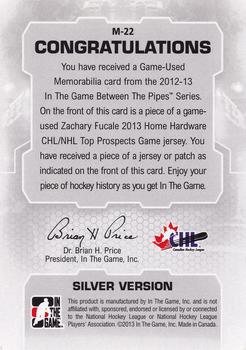 2012-13 In The Game Between The Pipes - Jerseys Silver #M-22 Zachary Fucale Back