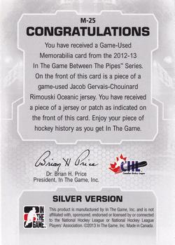 2012-13 In The Game Between The Pipes - Jerseys Silver #M-25 Jacob Gervais-Chouinard Back