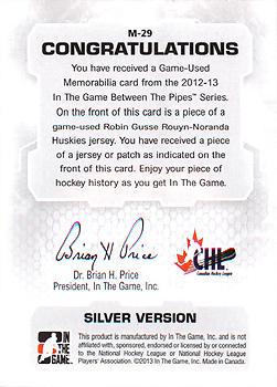 2012-13 In The Game Between The Pipes - Jerseys Silver #M-29 Robin Gusse Back