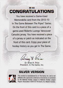 2012-13 In The Game Between The Pipes - Jerseys Silver #M-44 Roberto Luongo Back
