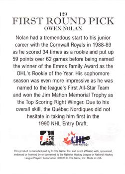 2012-13 In The Game Draft Prospects #129 Owen Nolan Back