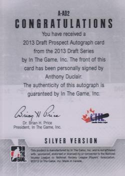 2012-13 In The Game Draft Prospects - Autographs Silver #A-AD2 Anthony Duclair Back