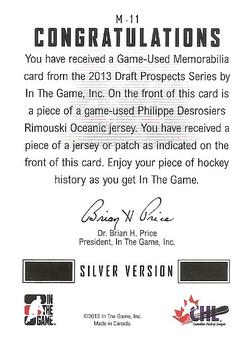 2012-13 In The Game Draft Prospects - Game-Used Jerseys Silver #M-11 Philippe Desrosiers Back