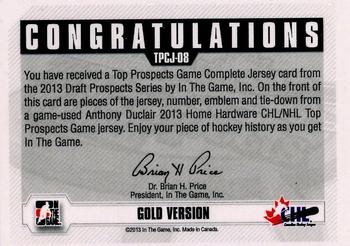 2012-13 In The Game Draft Prospects - Top Prospects Complete Jerseys Gold #TPCJ-08 Anthony Duclair Back