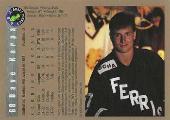 1992 Classic Draft Picks - Gold #68 Dave Karpa Back