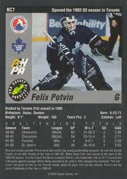 1993 Classic Pro Prospects - Bonus Cards #BC7 Felix Potvin Back