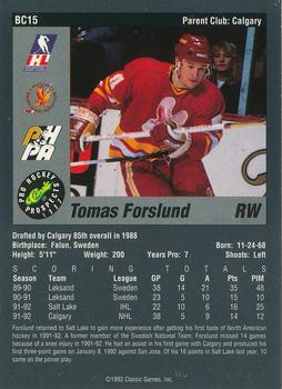 1993 Classic Pro Prospects - Bonus Cards #BC15 Tomas Forslund Back