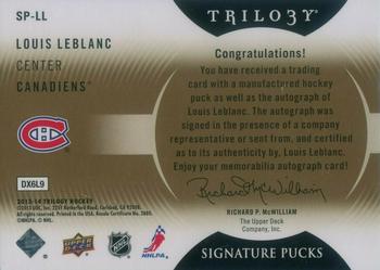 2013-14 Upper Deck Trilogy - Signature Pucks #SP-LL Louis Leblanc Back