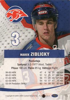 2004-05 Cardset Finland #15 Marek Zidlicky Back