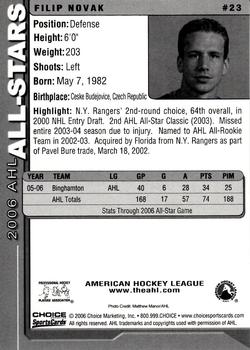 2005-06 Choice 2006 AHL All-Stars #23 Filip Novak Back