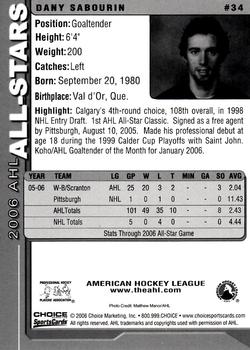 2005-06 Choice 2006 AHL All-Stars #34 Dany Sabourin Back