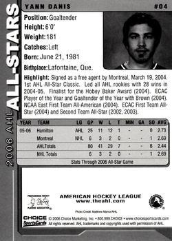 2005-06 Choice 2006 AHL All-Stars #4 Yann Danis Back