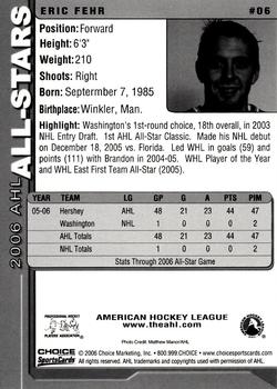 2005-06 Choice 2006 AHL All-Stars #6 Eric Fehr Back