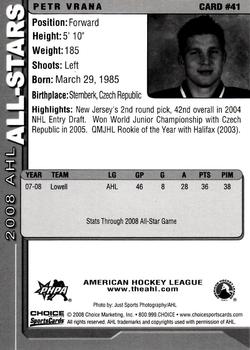 2007-08 Choice 2008 AHL All-Stars #41 Petr Vrana Back