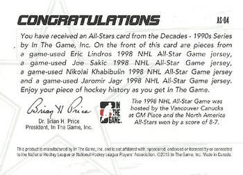 2013-14 In The Game Decades 1990s - All Stars Quad Jerseys Black #AS-04 Eric Lindros / Joe Sakic / Nikolai Khabibulin / Jaromir Jagr Back
