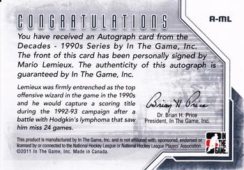 2013-14 In The Game Decades 1990s - Autographs #A-ML Mario Lemieux  Back