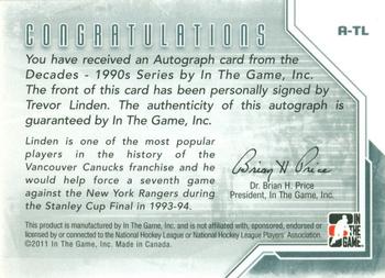 2013-14 In The Game Decades 1990s - Autographs #A-TL Trevor Linden Back