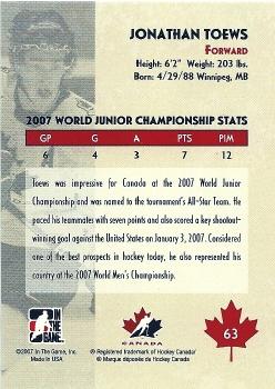 2007-08 In The Game O Canada #63 Jonathan Toews Back