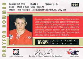 2007-08 In The Game Heroes and Prospects #116 Drayson Bowman Back