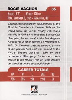 2007-08 In The Game Between the Pipes #85 Rogie Vachon Back