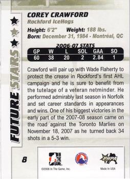 2007-08 In The Game Between the Pipes #8 Corey Crawford Back