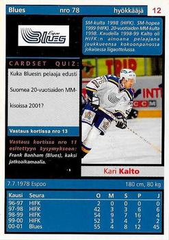 2001-02 Cardset Finland #12 Kari Kalto Back