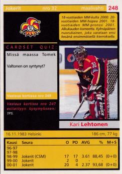 2001-02 Cardset Finland - Autographed #248 Kari Lehtonen Back