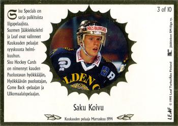 1995-96 Leaf Sisu SM-Liiga (Finnish) - Sisu Specials White #3 Saku Koivu Back