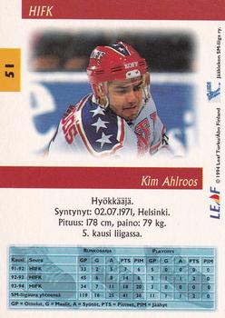 1994-95 Leaf Sisu SM-Liiga (Finnish) #51 Kim Ahlroos Back