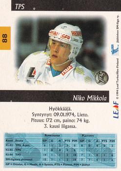 1994-95 Leaf Sisu SM-Liiga (Finnish) #88 Niko Mikkola Back