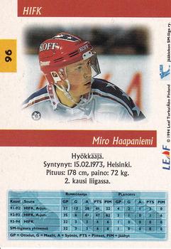 1994-95 Leaf Sisu SM-Liiga (Finnish) #96 Miro Haapaniemi Back