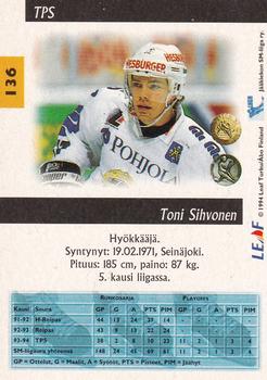 1994-95 Leaf Sisu SM-Liiga (Finnish) #136 Toni Sihvonen Back