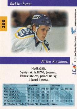 1994-95 Leaf Sisu SM-Liiga (Finnish) #266 Mikko Koivunoro Back